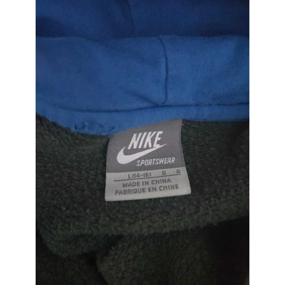 Nike Kids Olive Green Hoodie Pullover Sweatshirt Blue Logo Sportswear Size Large